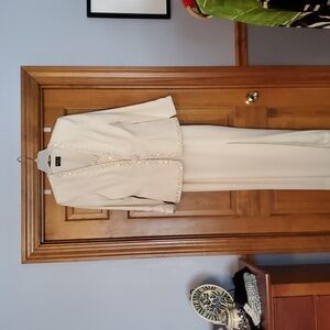 Karen Lawrence Cream Set Long Sheath Dress Jacket Pearls Evening Wedding SIze 12